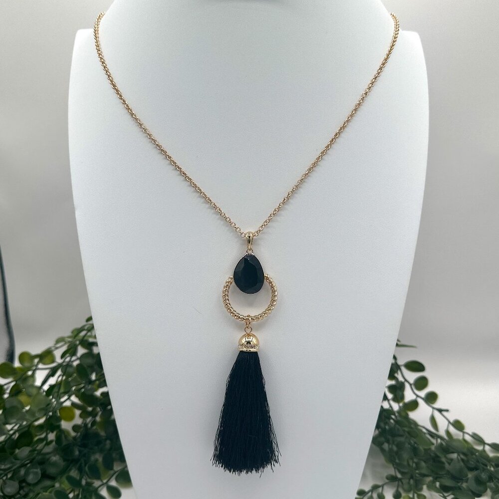 Lilly Pulitzer Gold Chain Necklace with Black Stone and Black Tassel